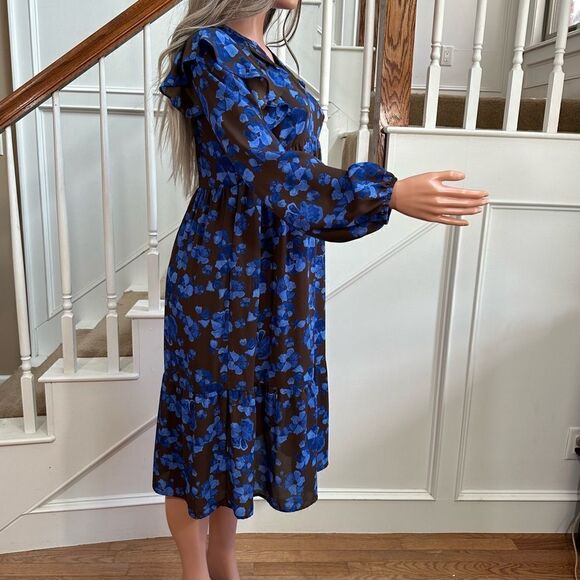 Adorable brown blue floral peasant midi dress - Picture 8 of 12